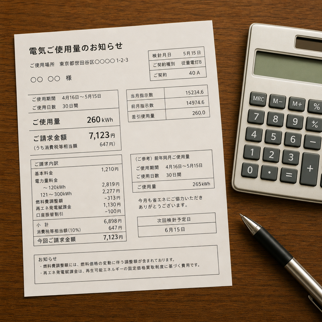 高くなった電気代の請求書と電卓